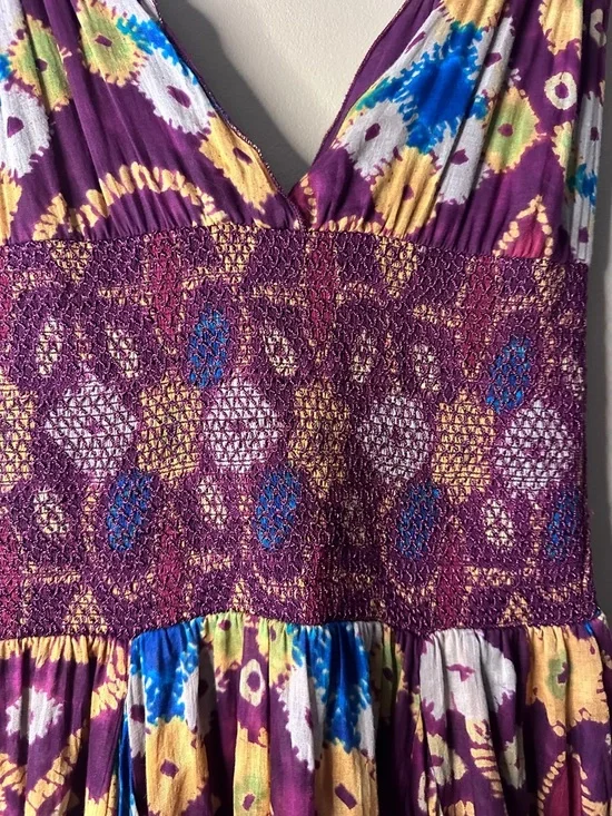 Free People Wisteria and Lattice Smocked Waist Bandhani Print Midi Dress, Boho - Picture 4 of 10